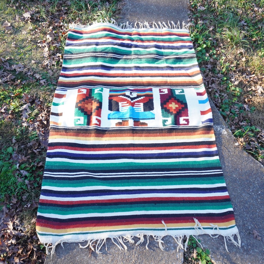 VTG Navajo Style Woven Blanket Southwestern Geometric Design Multi Color‎ Fringe